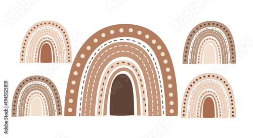 Set of five different hand drawn rainbows in earthy brown and beige tones with dots and lines in a modern bohemian aesthetic style.