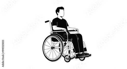 Black and white silhouette of a young man sitting in a manual wheelchair facing forward on a white background for mobility themes.