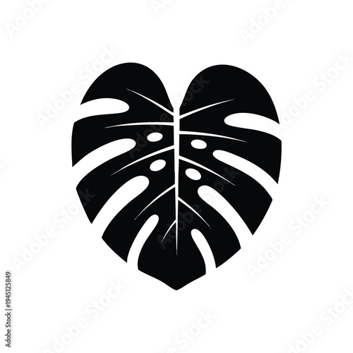 A black split leaf silhouette with ovate holes on a white background