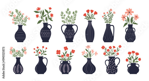 Assortment of twelve various dark blue patterned vases filled with colorful flowers and green leaves on a clean white background.