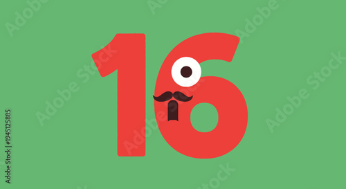 Funny Cartoon Number 16 with Eyes and Mustache
