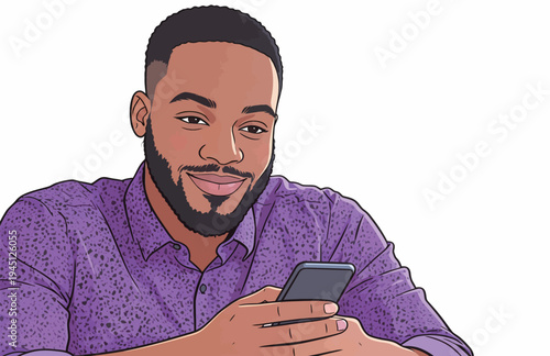 A man sits in a room and looks at his phone with a smile. He seems engaged in a conversation with someone far away.
