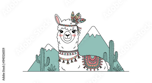 Cute white llama or alpaca wearing traditional ethnic decorations standing in front of mountains and cacti on a white background.