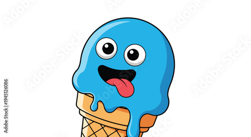 Funny cartoon character of a blue melting ice cream scoop with googly eyes and its pink tongue sticking out on a crunchy cone.