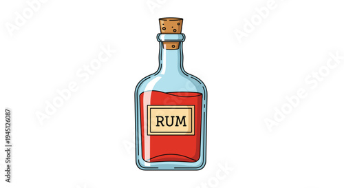Cartoon style glass bottle filled with red rum and sealed with a brown cork stopper isolated on a white background for bar menus.