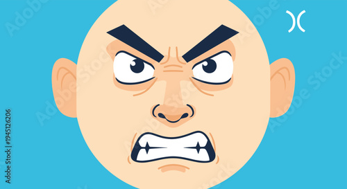 Close up face of an angry bald man with a red face furrowed brows and bared teeth against a solid bright blue background for emotions.