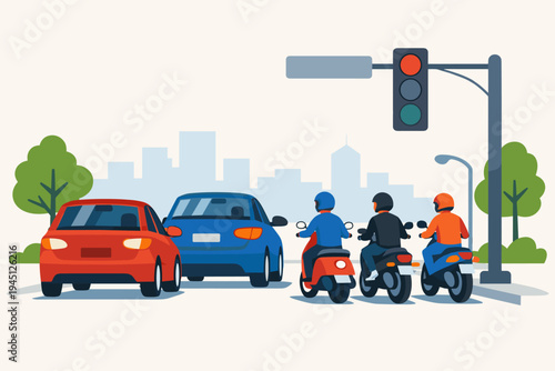 Flat vector illustration of cars and motorcycles waiting at a red traffic light in a city. Commuters on motorbikes and drivers in vehicles stopped at an urban intersection with a city skyline.