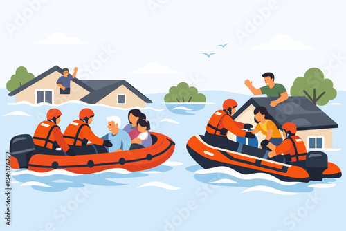 Rescue teams in orange inflatable boats helping flood victims from submerged houses. Emergency responders evacuating families during a natural disaster. Flat vector illustration of flood relief.