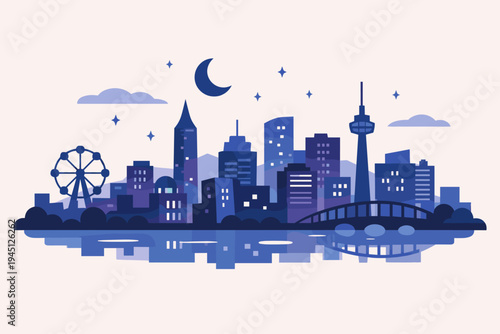 Minimalist flat vector illustration of a modern city skyline at night featuring skyscrapers, a Ferris wheel, a bridge, and a crescent moon with stars reflected in water on a light background.
