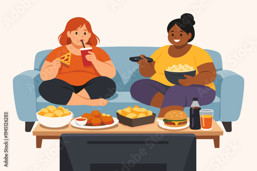 Two plus size women sitting on a blue sofa watching television while eating various junk food snacks like pizza, popcorn, burgers, and soda. Flat vector illustration of unhealthy sedentary lifestyle.