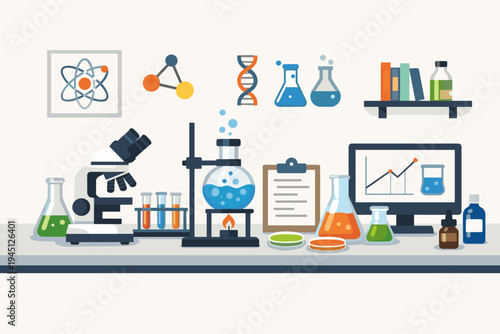 Science Laboratory Research Flat Vector Illustration Featuring Microscope, Beakers, Test Tubes, DNA Helix, Atom Model, and Data Analysis Monitor for Education and Scientific Discovery.
