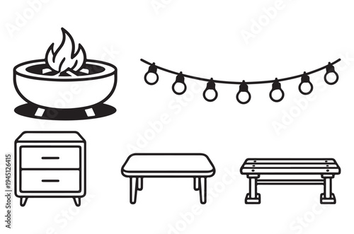 Outdoor living space with fire pit furniture and string lights