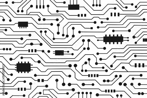 Seamless Electronic Circuit Board Pattern with Black Traces and Components on White Background. Simple Flat Vector Illustration of Motherboard Microchip Technology and Digital Hardware Design.