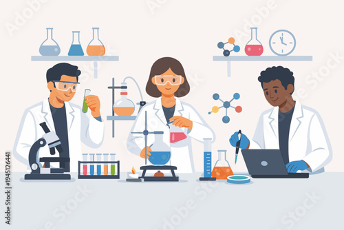 Diverse team of scientists conducting research in a laboratory with equipment like microscopes, test tubes, and flasks for science experiments. Simple flat vector illustration for education.
