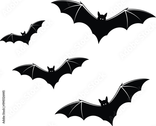Four Black Bat Silhouettes With White Outline Flying On White Background bats