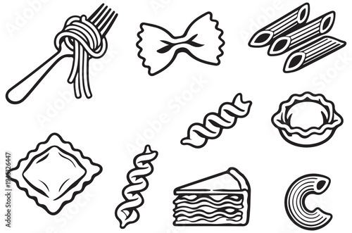 A collection of various pasta shapes in a black and white illustration