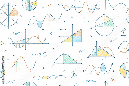 Seamless Pattern of Hand Drawn Mathematical Formulas Graphs and Curves on White Background. Flat Vector Illustration with Geometry Shapes Sine Waves Parabolas and Calculus Sketches for Education.