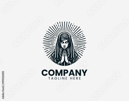 Praying veiled woman with radiant halo in expressive modern black vector illustration style