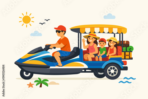Happy Family on a Summer Vacation Tour Riding a Creative Jet Ski Rickshaw Hybrid Vehicle on the Beach under a Bright Sun. Flat Vector Illustration of Parents and Children Traveling Together.