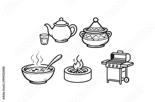 Black and white illustration of cooking equipment and hot food items