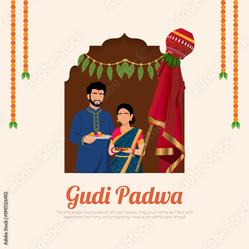 Happy Gudi Padwa Indian New Year Festival Greeting Illustration Indian Hindu New Year Gudi Padwa Puja Ceremony, vector illustration.