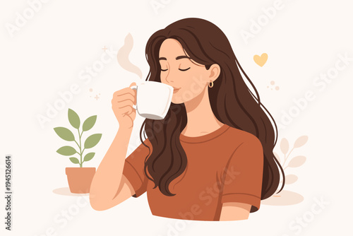 Beautiful young woman with long wavy brown hair sipping a hot beverage from a white mug, eyes closed in peaceful relaxation, minimalist flat vector illustration of a cozy morning coffee break.