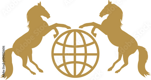 Golden horses embracing a stylized globe, symbolizing global reach and equestrian prestige
