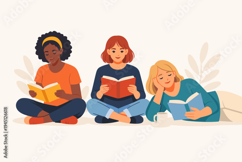 Diverse group of young women reading books together in a flat vector illustration. Multiethnic female friends enjoying literature, studying, or relaxing with novels on a clean light background.