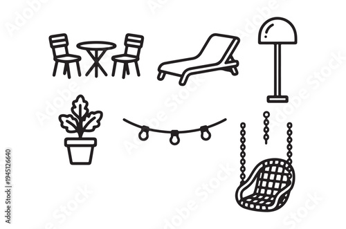 Minimalist line art depicting outdoor furniture and decorative elements
