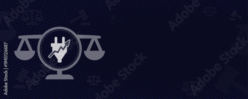 Electricity Law and Energy Market Regulation Background Vector with Scales of Justice and Power Plug Price Trend Icon with Copy Space