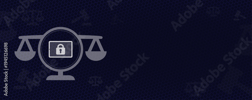 Cyber Law and Data Security Privacy Protection Background Vector with Scales of Justice and Locked Laptop Icon with Copy Space