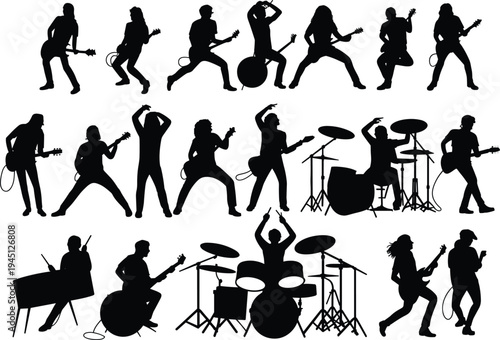 Silhouette Collection Of Rock Band Musicians Playing Instruments vector illustration