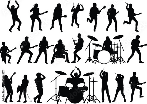 Silhouette Collection Of Rock Band Musicians Performing On Stage vector illustration