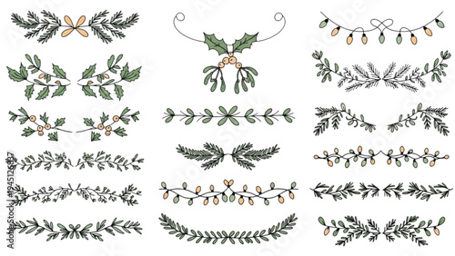 Various festive Christmas leaf and berry garlands are hanging outdoors.