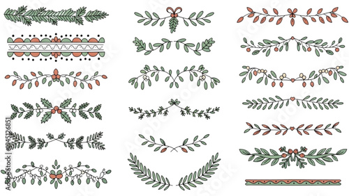 Various festive Christmas leaf and berry illustrations are arranged on a white background