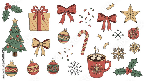 Christmas decorations and gifts are laid out on a table indoors