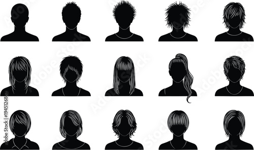 Silhouettes of diverse hairstyles showing variety in hair textures, lengths, styles, fashion, identity, gender neutral, vector illustration for design themes