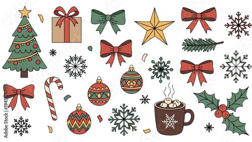 Christmas decorations surround a steaming mug on a snowy table with presents.