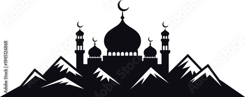 Islamic mosque silhouette with crescent dome and minarets behind mountain landscape, Arabic architecture Ramadan Kareem and Eid Mubarak celebration vector illustration