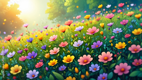 Vibrant field of wildflowers basking in warm sunlight