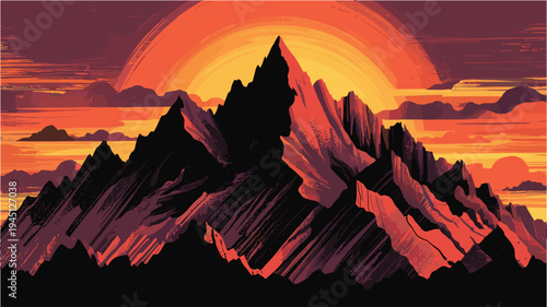 Dramatic mountain silhouette against vibrant sunset, orange and purple sky, rugged peaks