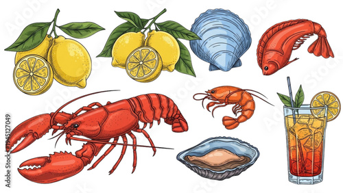 Fresh seafood platter with lemons and a cocktail on a table indoors