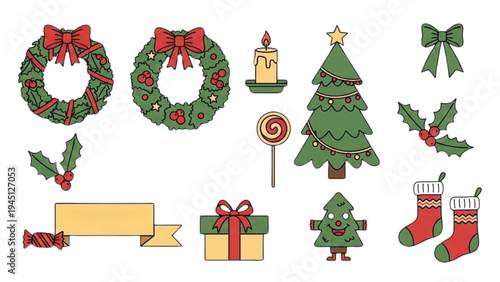 Christmas decorations arranged on a white surface including wreaths and gifts