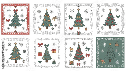 Christmas trees and gifts with dogs on snowy backgrounds in squares