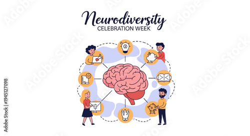 Illustration of people celebrating Neurodiversity Celebration Week with a brain and icons representing neurodiversity awareness and acceptance in a colorful design.