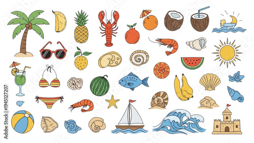 Vibrant beach scene with various summer icons and food