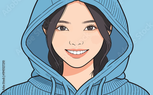 A person with long dark hair smiles while wearing a blue hoodie. The background is light blue and simple.