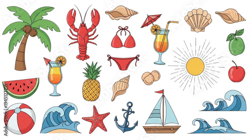 A vibrant beach scene with a lobster, palm tree, and various summer icons on a sunny day.