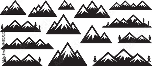 Mountain silhouettes with trees mountains black white