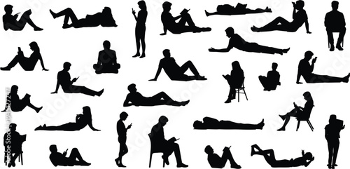 Silhouettes of people reading and using mobile phones in various poses Keywords: silhouette, people, reading, book, phone